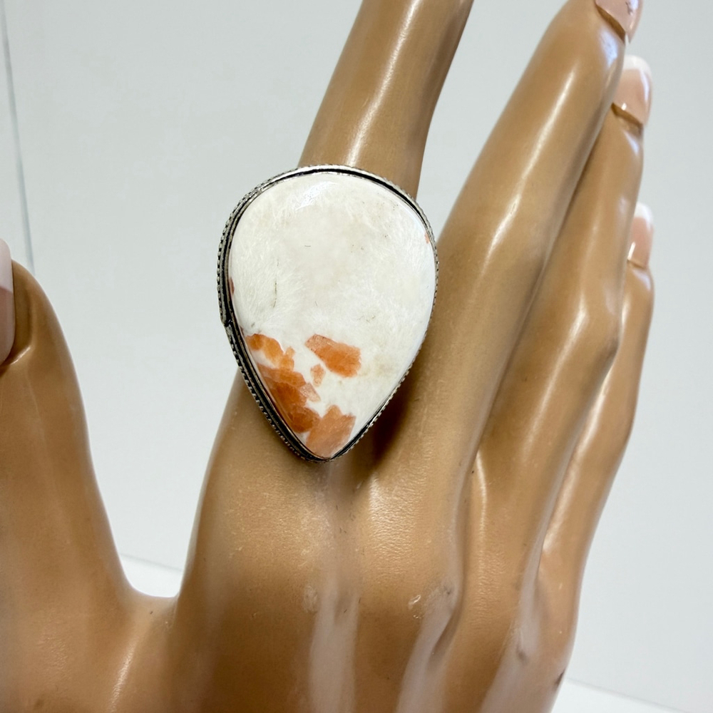 Hand Crafted Scolecite Orange Calcite Silver Plated Statement Ring Size 6